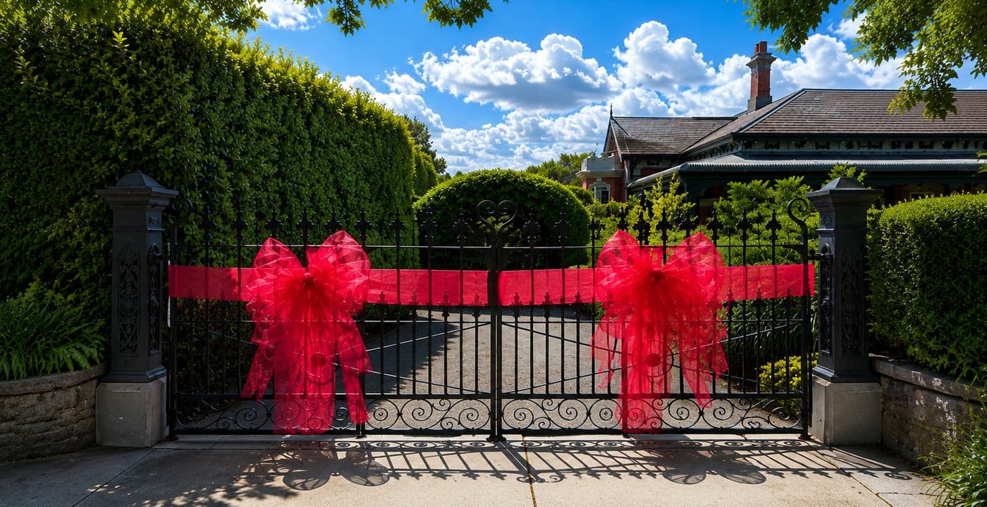 The same estate gate dressed with two red bows